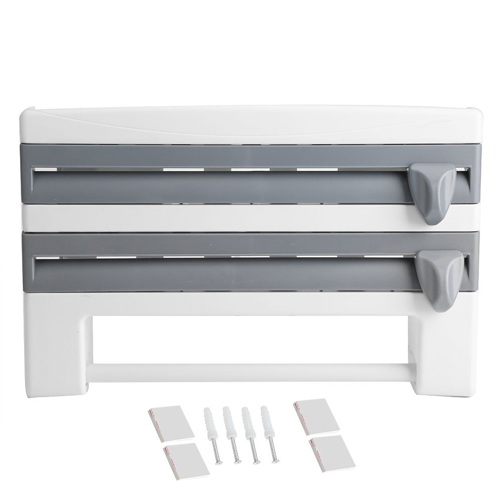 Portarrollos de Pared de Cocina para 3 Rollos, con Cortador de Film, Papel de Aluminio, Dispensador de Película Adhesiva con Especiero, 39 x 10 x 24 cm(Gris-Azul)