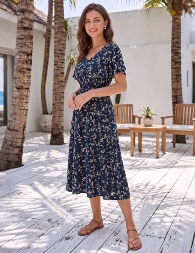 Image of Gardenwed Chiffon Floral Dresses Summer Midi Wedding Guest Dress V Neck for Women Elastic Waist