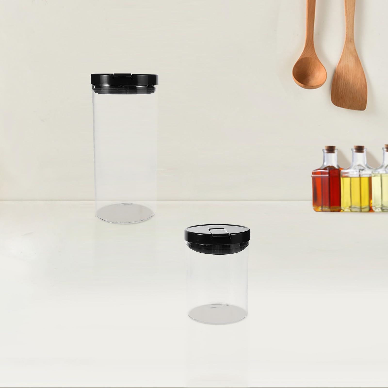 Tarros de Vidrio Herméticos 2 Piezas 700ml y 1200 Ml | Tapa de Plástico Negra, Acabado Transparente Minimalista, Uso en Despensa y Encimera, para Arroz y Granos