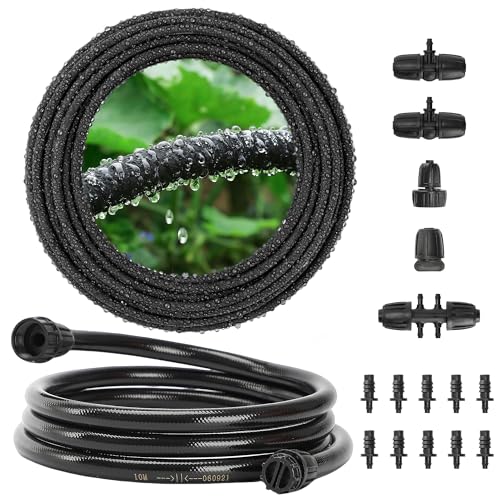 MIXC Drip Irrigation System with 100FT 1/4 Soaker Hose - 80% Water Savings Weeping Tech for Deeper Root Watering Garden Kit with 10FT 1/2 Tubing for Raised Beds Vegetables Lawn Greenhouse