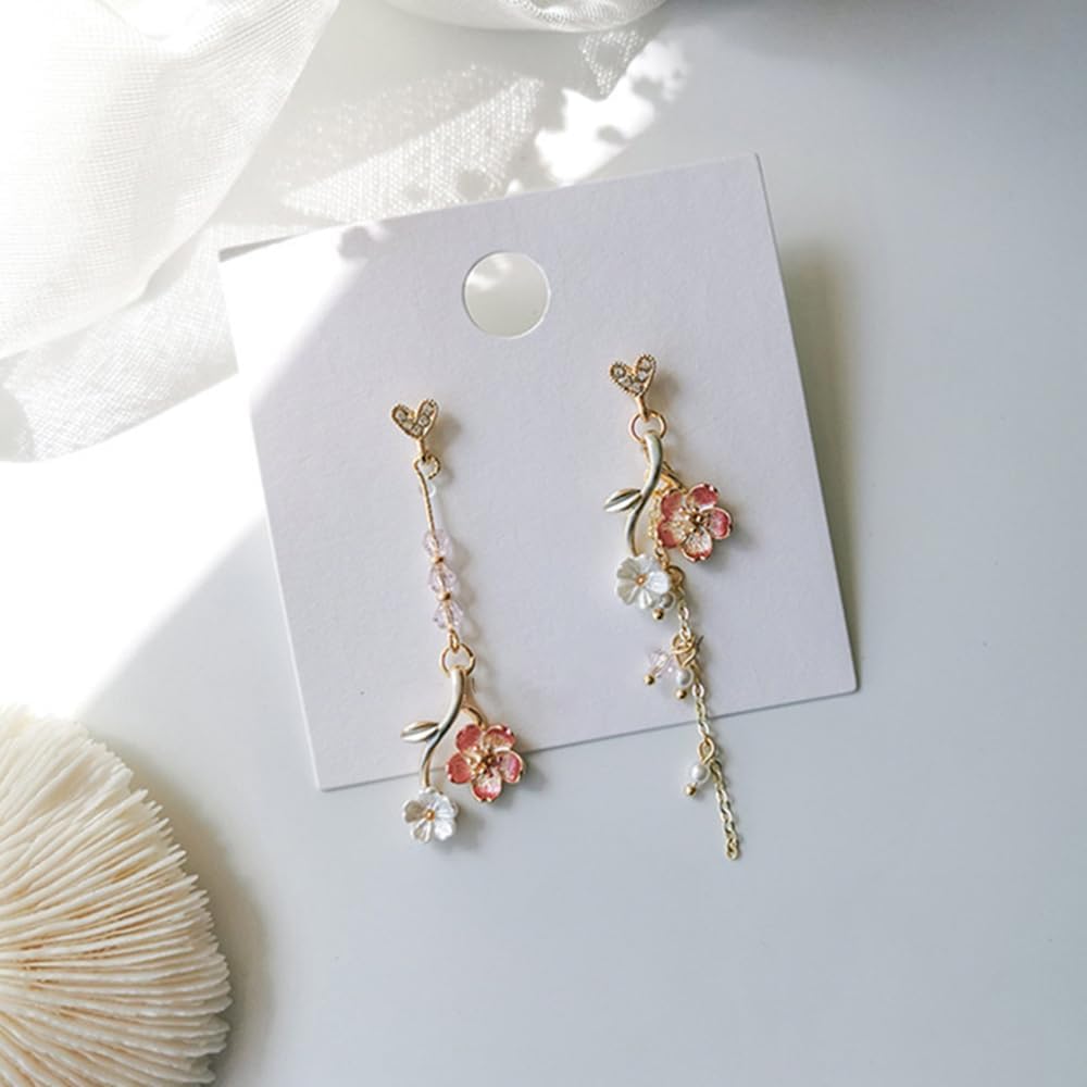 Flower Earrings Wedding Statement for Women Hypoallergenic Sterling Silver Post Crystal Asymmetry Shell Cherry Leaf Flower Tassel Earring Long Dangle Love Heart Earring Birthday Xmas Jewelry Gift Bff - Image 6