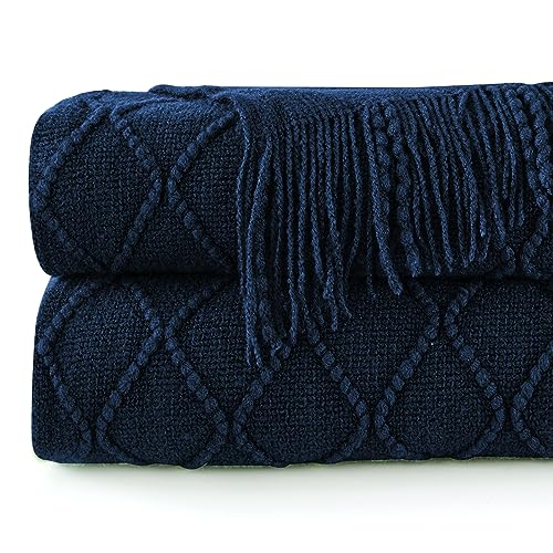 inhand Knitted Throw Blankets for Couch and Bed, Soft Cozy Knit Blanket with Tassel, Dark Blue Lightweight Decorative Blankets and Throws, Farmhouse Warm Woven Blanket for Men and Women, 50"x60"