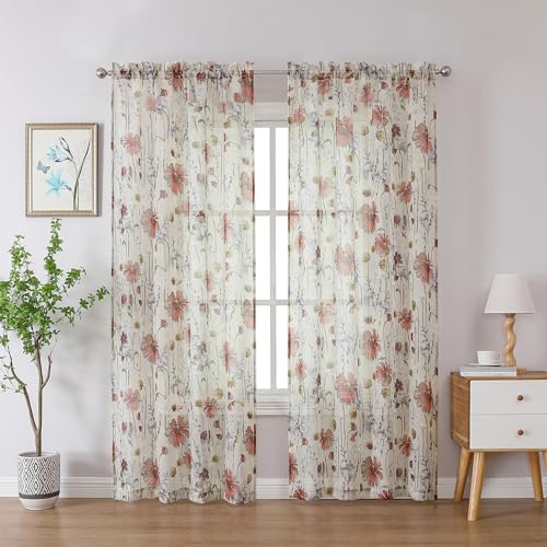Image of OWENIE Crushed Semi Sheer Curtains 72 Inches Length 2 Panels, Floral Pattern Design Rod Pocket Light Filtering Farmhouse Curtains for Bedroom Living Room, 2 Pieces Total 84 Inch Wide, 72 inch Long