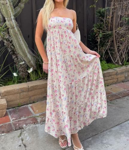Image of Women Floral Print Maxi Tube Dress Strapless Flowy Long Bandeau Dress Y2K Open Back Sundress Summer Beachwear