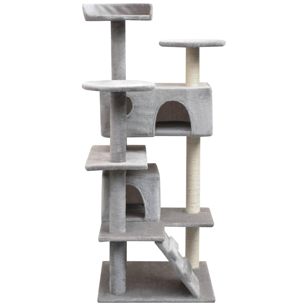 Rascador para gatos de sisal de madera con felpa, 125 cm de altura, gris, con columna rascadora, plataformas, casas y escaleras para escalada, juegos, descanso, ideal como árbol de escalada y rascador