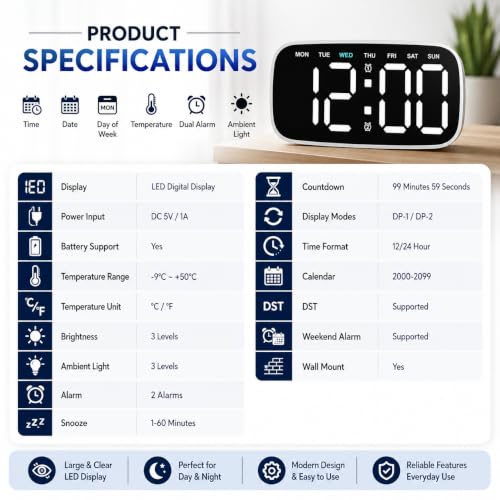 Image of AERYS Digital LED Wall Clock & Table Clock with1 Year Warranty Large Display, Dual Alarm, Day Display, Perimeter Night Light, Snooze, 12 /24H Format, USB Powered for Bedroom, Office & Living Room