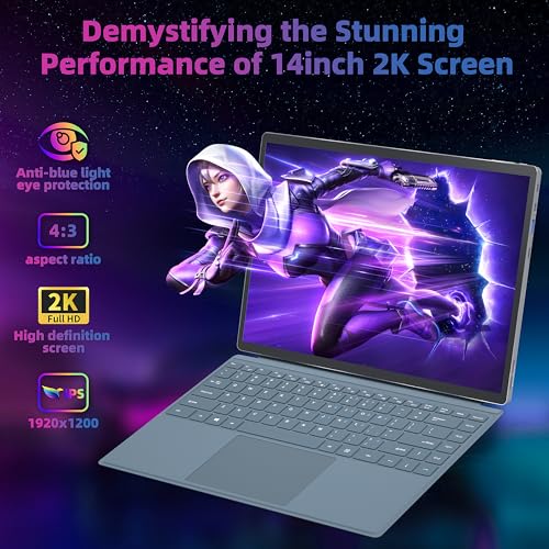 Image of 14 inch 2-in-1 Laptop Tablet, In tel N95 Up to 3.4GHz, 512GB NVME SSD 16GB RAM, 2K FHD IPS Touchscreen, Win 11 Pro PC, Detachable Keyboard, Stylus Pen Support, Ultra-Portable for Business & Student