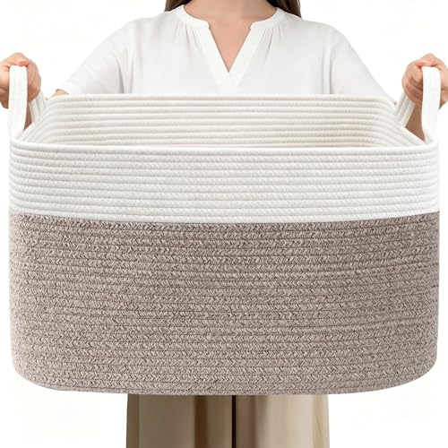 HZFTJOY Large Blanket Basket Woven Rope Basket Storage Bin with Handles 65L Rectangle Laundry Basket for Magazines Toys Clothes Newspaper Shelf Organization Nursery and Living Room White & Brown
