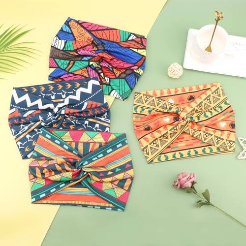 Image of DRESHOW 4 Pack Turban Headbands for Women Wide Vintage Head Wraps Knotted Cute Hair Band Accessories
