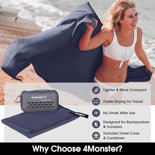 Image of 4Monster Quick Dry Travel Towel with Case & Carabiner - Super Absorbent Microfiber Gym & Camping Towel. Compact, Lightweight, Fast Drying for Beach, Swimming, Hiking, Backpacking