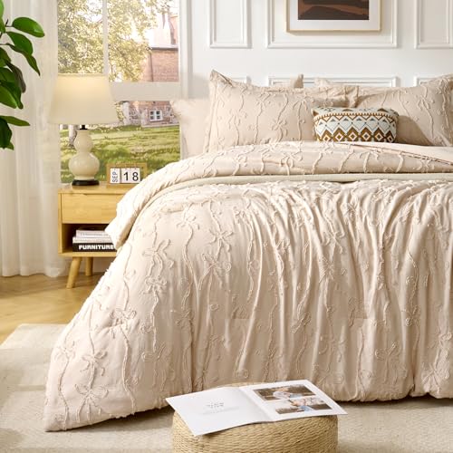 Image of 7 Pieces Bow Tufted Boho Comforter Set Khaki Farmhouse Shabby Chic Embroidered Bedding for All Seasons King Size with Comforter Sheets Pillowcases Shams