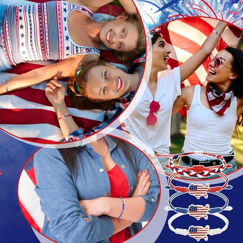 Image of 24 Pcs 4th of July Bracelets Red White and Blue Bracelets Patriotic USA American Flag String Woven Wristband Bulk 4th of July Party Favors for 250th Anniversary Independence Day Parade Supplies