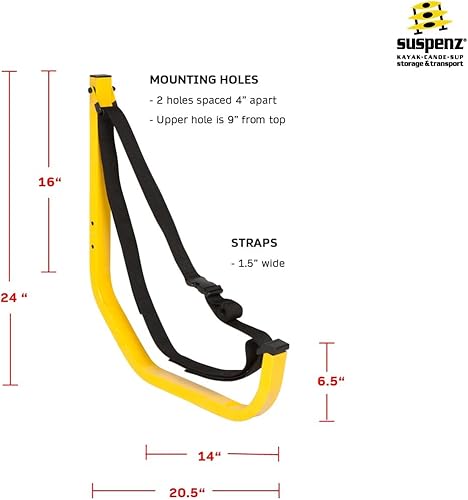 Miniatura 5 de Suspenz Kayak Canoa SUP Percha de almacenamiento para pared de garaje, interior y exterior, estante de Jay Rack, amarillo, (11-0001)