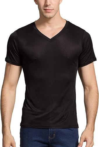 Miniatura 1 de Grenasasilk Camisetas de seda de morera para hombre, de manga corta, de seda pura, transpirable, con cuello en V