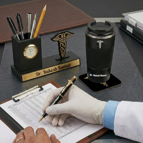 Image of Giftana 2 in 1 Personalized Desk Table Organizer with Pen Gift Set for Doctors, Customized Pen Stand Table Clock & Calendar, Customised New Year Corporate Gift Set for Employee (4 in 1Doctors Symbol)