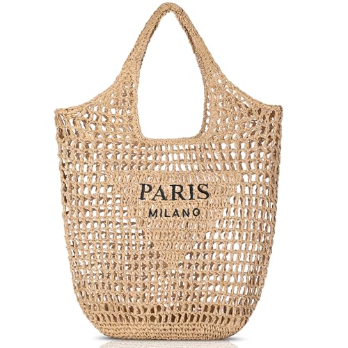 Pleneal Straw Beach Bags for Women - Women Beach Handmade Woven Tote Bag, Summer Mesh Hollow Shoulder Bag for Holiday Market
