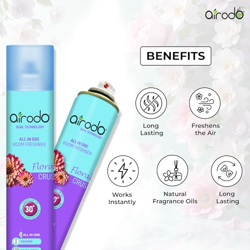 Image of AIRODO Citrus Blast and Floral Crush Air Freshener Combo Pack with Dual Technology, Easy Push and Spray, Stain Removal, All in One Room Freshener for Home and Office (250ml, Pack of 2)