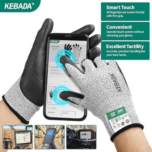 Image of Kebada C2 Cut Resistant Gloves, ANSI A2, PU Coated, Touchscreen, 12 Pairs | Bulk Pack, Breathable, Secure Grip, Recycled PET, Safety Work Gloves for Fishing, Woodworking, DIY, Gardening and Warehouse
