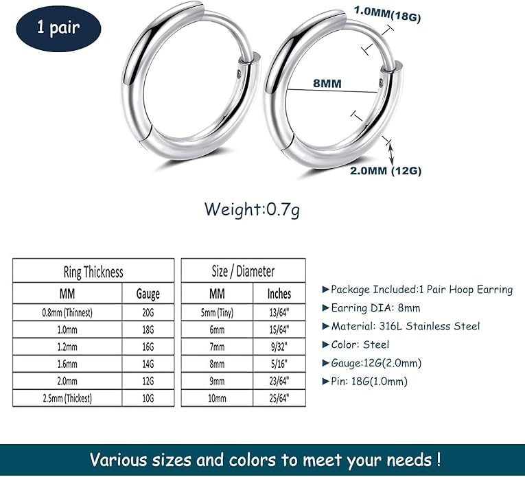 Image of stainless steel hoop earrings 10mm Hypoallergenic Huggie Earrings Small Hoop Sliver Sleeper Earrings For Women Men