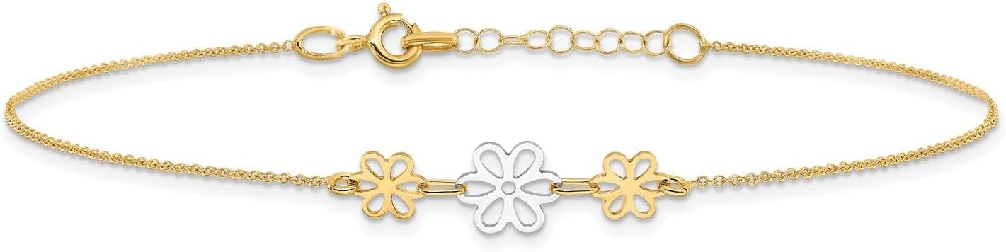 Jewelry Affairs 14k Real Two-tone Yellow Gold Three Flower Charm Adjustable Anklet, 9 Inches to 10 Inches image 2