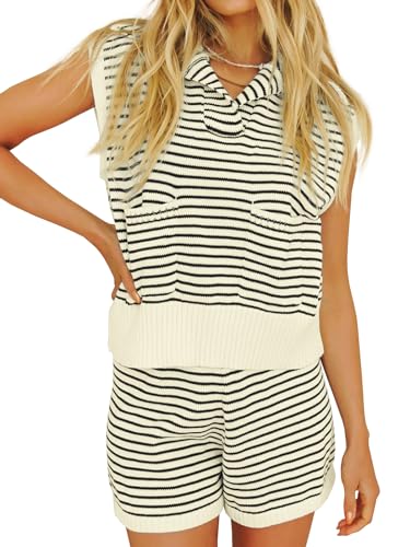 Image of Imily Bela Womens 2 Piece Outfits Sweater Sets Striped Knit Sleeveless Pullover Top Shorts Lounge Set