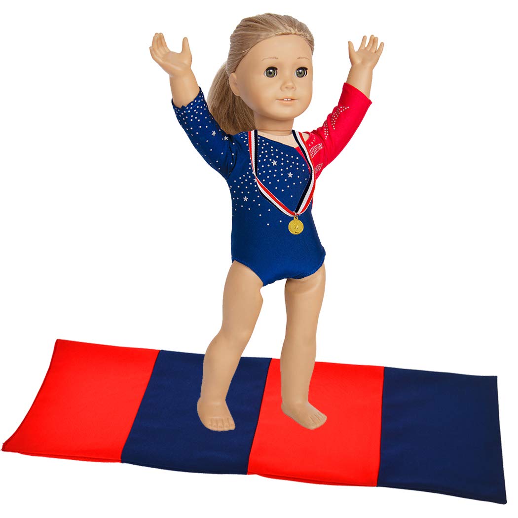 Ebuddy 3pcs Diamond Crystal Leotard Doll Clothes For American girl dolls - Includes Gymnastics Outfit, Mat Set, Gold Metal (Patriotic Design for Summer Olympics)