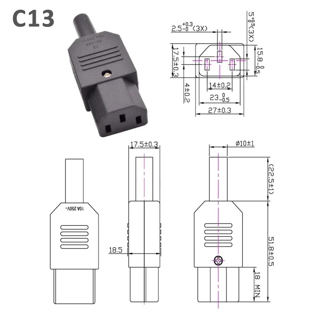 5pcs 10pcs IEC 320 Cavo Cavo C13 C14 Presa AC 10A 250V Nero Rewireable Elettrico 3 Pin Femmina Maschio Connettore di Alimentazione (10pcs C14 Maschio)