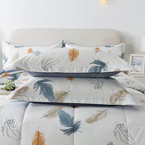 Lemfux 100% Cotton Queen Feather Print Bedding Comforter Set, Off White Light Blue Plume Patterned Reversible Fluffy Comforter, Lightweight Farmhouse Bed Sets, Modern Style, For All-Season, 3Pcs #TOP5