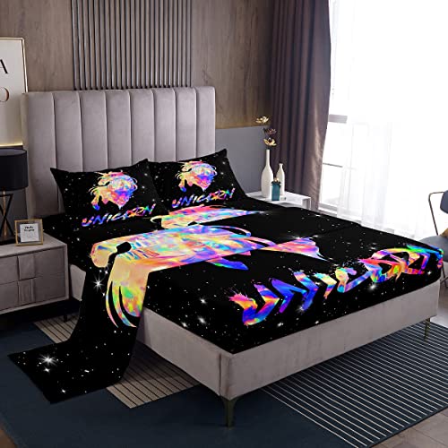 Girls Unicorn Sheet Set King, Glitter Galaxy Bed Sheets for Kids Little Girls,Girly Fantasy Rainbow Fitted Sheet Dreamy Horse Top Sheet Cartoon Magical Animal Bedding with 2 Pillow Cases,4pcs