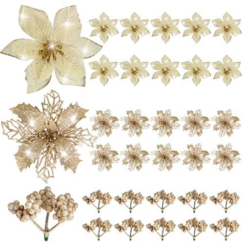 Ucouper クリスマスツリー オーナメント 飾り 造花 30個入 クリップ付き クリスマスリース 手作り 材料 クリスマス オーナメント 飾り 花 デコレーション 飾り付け 装飾 アートフラワー 玄関 ディスプレイ インテリア シャンパンゴールド