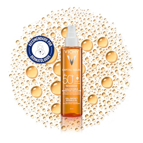 Vichy Capital Soleil Cell Protect Oil LSF 50+, Transparentes Sonnenöl für Gesicht, Körper & Haare, Hoher UVA/UVB-Schutz, Feuchtigkeitsspendend, 200 ml
