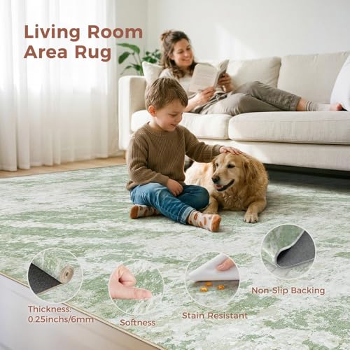 DMOYEST 8x10 Washable Area Rug: Abstract Modern Non-Slip Carpet, Soft Low Pile Indoor Neutral Easy Clean Floor Rugs for Living Room Bedroom Dining Room Kids & Pets - Green — view 2