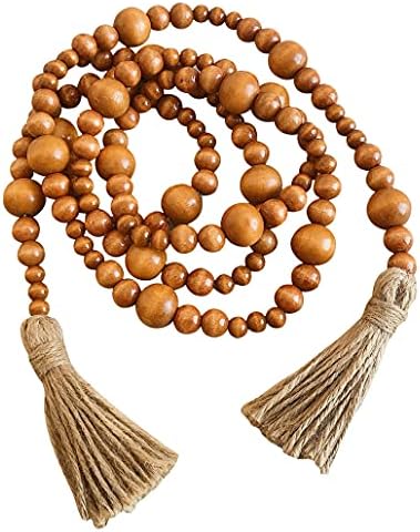 88 Inch Long Wooden Beaded Garland with Brown Tassels Decoration Bead Chain Ornament Rustic Home Party Handmade Accessories Prayer Bohemian Style for Farmhouse Vase Coffee Table Wall Hanging Decor