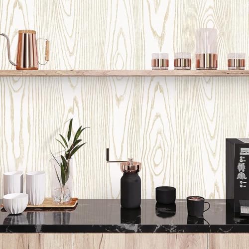 Image of White Gold Wood-Grain Textured Adhesive Wallpaper Modern Minimalist Peel-and-Stick Vinyl Sheet for Walls, Furniture, Kitchen Cabinets, and Home Decor Makeovers (45 x 300 cm).