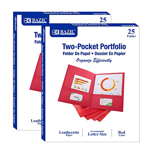 BAZIC Products 2 Pockets Paper Folder, Premium Leatherette Portfolio, Letter Size Folders for Office Document Papers Organizer, Red Color, Total 50-Count