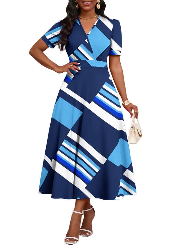Image of MarryUP Women's Midi Dresses - V Neck Cocktail & Church Tea Dresses - Short Sleeve A-Line Swing Dress