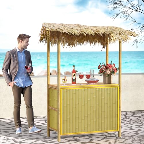 Metal Bar Counter Tiki Bar Patio Outdoor Bar, Simulated Bamboo Set, Islander Tiki Bar with Palapa Top and Storage Space for Garden Patio Luau Party Bazaar