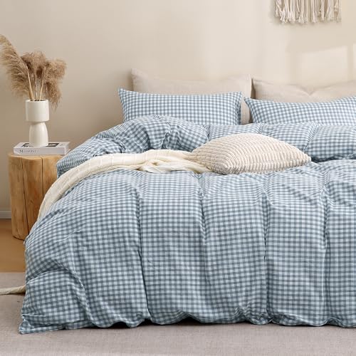 Image of TOCOMOA Blue Gingham Duvet Cover Bedding Set 100% Washed Cotton Like Linen Feel Super Soft Comfortable 3 Piece Vintage Plaid Checkered Comforter Cover Set (King 104 inchx90 inch, Comforter Not Included)