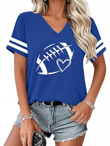 Football Shirts for Women Game Day T Shirt Funny Football Mom V Neck Tshirt Casual Short Sleeve Tops