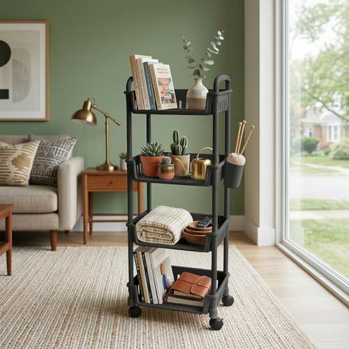 Image of Lukzer 4-Tier Plastic Rolling Storage Cart with Wheels | Multipurpose Utility Trolley Organizer with Basket Shelves & Side Holder & Hooks for Kitchen, Bathroom, Laundry & Office (Black /26x34x103 cm)