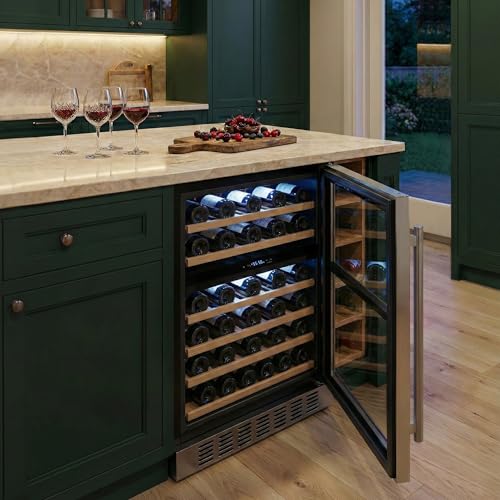 Image of Empava 24 inch Dual Zone Wine Cooler Refrigerator Under Counter with Reversible Glass Door, Freestanding Fridge with LED Light, Touch Control, 46 Bottles Capacity