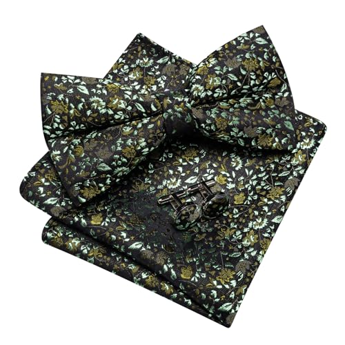Image of YOHOWA Mens Bow Tie Set Paisley Pre-tied Bowties Adjustable with Handkerchief Cufflinks Gold Ring Set Wedding Prom Party