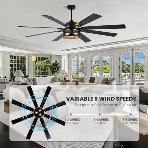 Image of Dawn Whisper 72 Inch Ceiling Fans with Lights Black Farmhouse Ceiling Fan with Remote Quiet Reversible DC Motor 6 Speeds 8 Blades