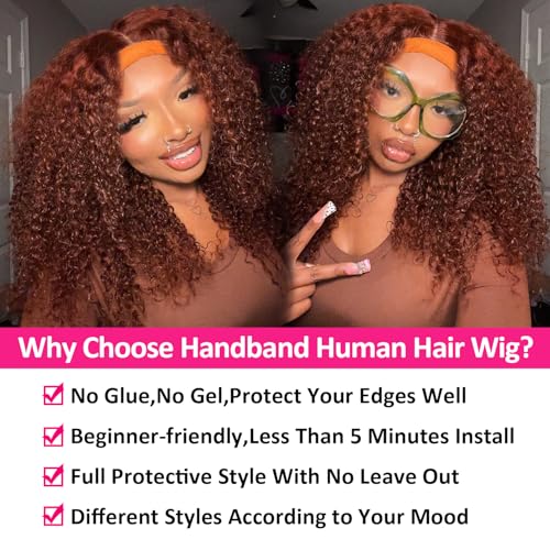 Image of Punmasa Headband Wig Human Hair Deep Wave 12 Inches Reddish Brown None Lace Front Wig Machine Made Brazilian Virgin Glueless Wear and Go Curly Headband Half Wigs for Black Women