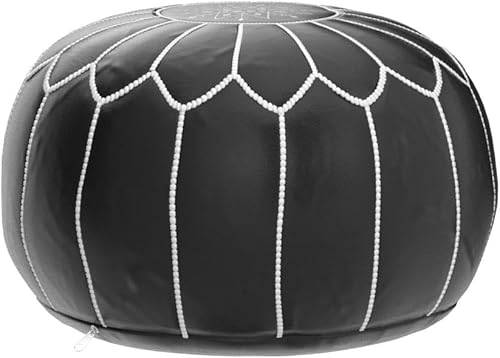 Miniatura 5 de Puf de cuero marroquí de alta calidad, hecho a mano, relleno entregado, otomano, reposapiés, cojín de suelo (marrón oscuro)