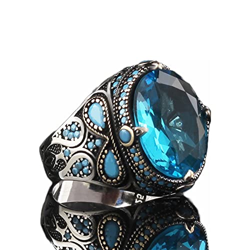 925 Sterling Silver Aquamarine Stone with Turquoise Stones Men Silver Ring, Handmade Blue Aquamarine Stone Men's Silver Ring, Vintage Men Ring, Turkish Ottoman Men Ring, Gift for him, Mens Ring