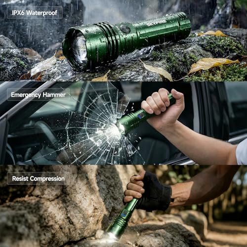 Image of SKYFIRE 1376 LED Flashlights with Ignition Lens, Rechargeable 2000 High Lumens Zoomable Flash Light, 5 Modes Waterproof IPX6 Powerful Tactical Flashlight for Emergency Camping Essentials Home (Green)