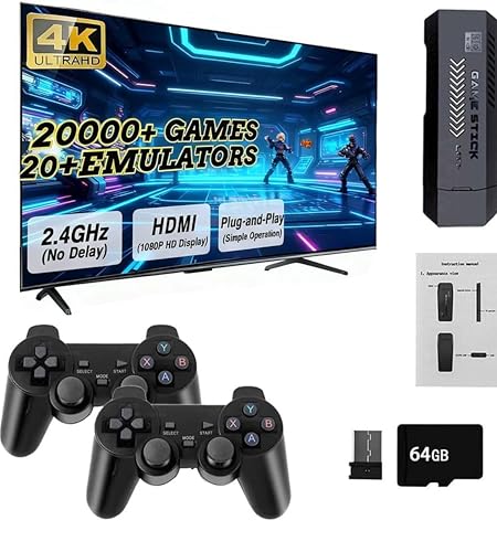 Consola de Juegos Retro 4K con 20000 Juegos, 64GB, 2 Controles Inalámbricos 2.4G, Incluye HDMI y USB