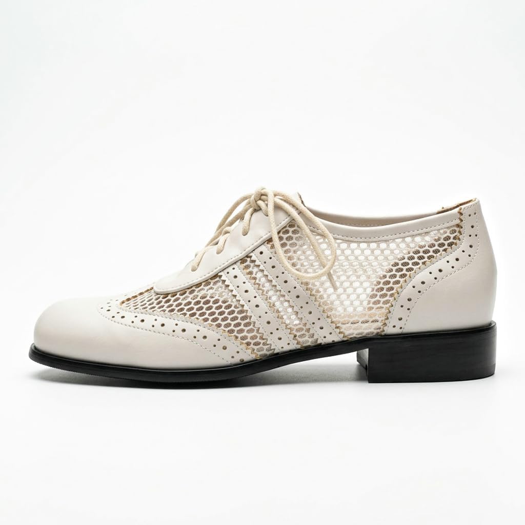 Women's Saddle Shoes Brogue Oxfords Vintage Lace up Dress Shoes Breathable Mesh Chunky Low Heel Wingtip Classic Retro Outdoor Footwear