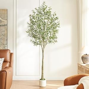 8FT Artificial Olive Tree Indoor with Pot – Realistic Wood Trunk & Fruits, Extra Large Faux Plant for Home Office Décor, Tall Fake Olive Tree 8-Foot with Moss White Planter